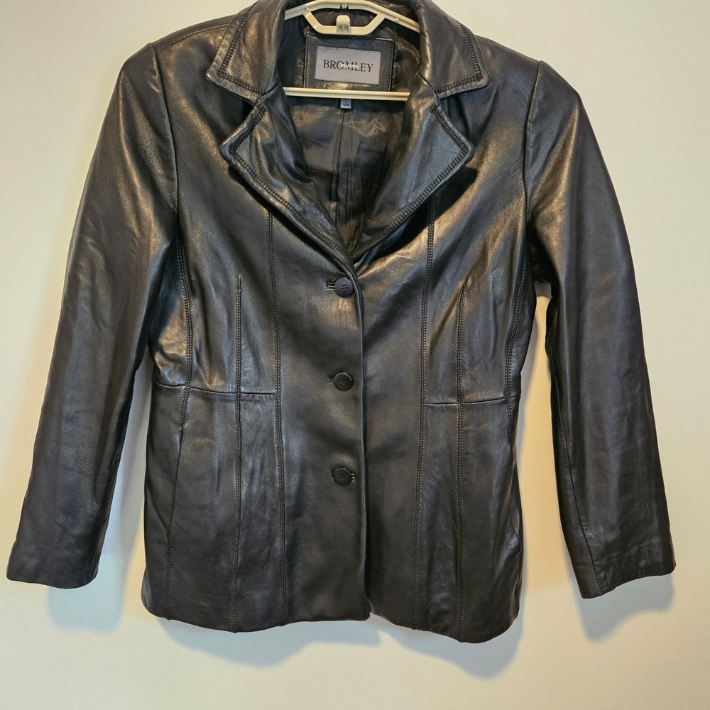 Bromley Leather Jacket Womens Large Black Blazer 90s Minimalist Casual Office